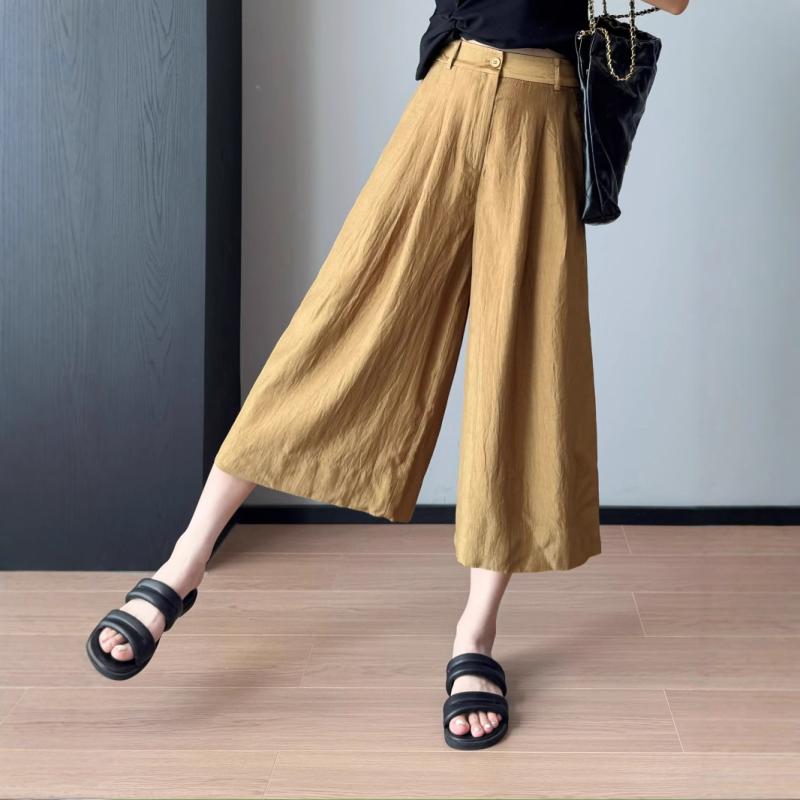パンツ レディース アセテート 高腰 9分丈 ワイド ギャザー 薄手 涼しい スラックス スカート ブラック イエロー 通勤 カジュアル