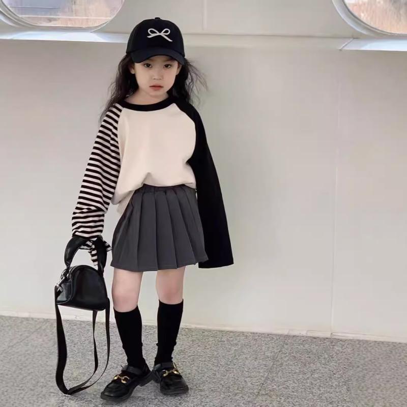 Tシャツ 女の子 長袖 春秋 配色 ストライプ 切り替え おしゃれ かわいい 韓国風 ゆったり 子供服 トップス カットソー 普段着