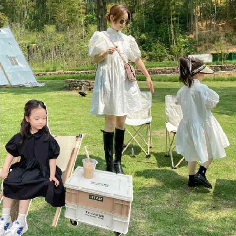 ワンピース 子供服 女の子 パフスリーブ 襟付き 無地 キッズ 親子コーデ ペアルック 春夏 薄手 かわいい 膝丈 ミディアム丈 Aライン フレアスカート 通園 通学 お出かけ