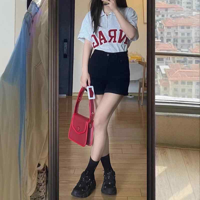 ジーンズ レディース 大きいサイズ デニム ショートパンツ 黒 高 elastic ハイウエスト Aライン ホットパンツ