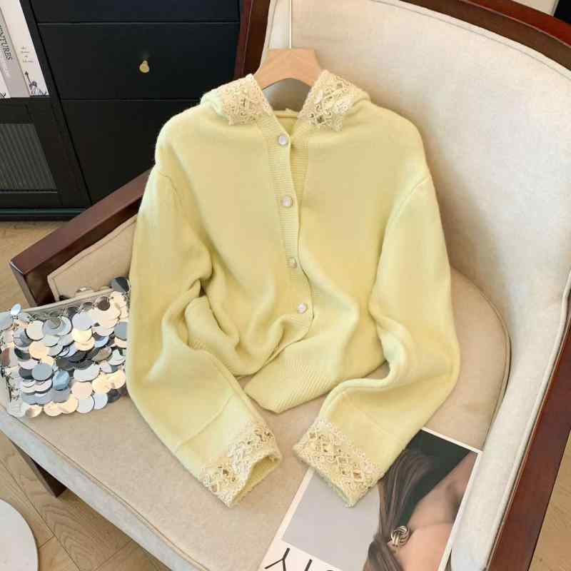 ニット レディース レース スパンコール パーカー カーディガン 秋冬 トップス 婦人服 ゆったり 普段使い かわいい ミルキーグリーン オフホワイト