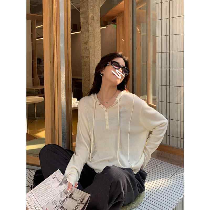 ニット レディース 春 トップス ウール シルク混紡 フード付き プルオーバー 長袖 POLOネック 婦人服 ゆったり 黒 ブラック 白 ホワイト 青 ブルー グレー