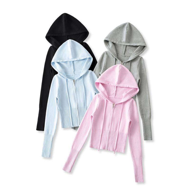 ニット レディース 長袖 ジップアップ カーディガン 秋冬 欧美風 パーカー トレーナー スウェット 修身 綿混紡 天ブルー 紫ピンク グレー ブラック