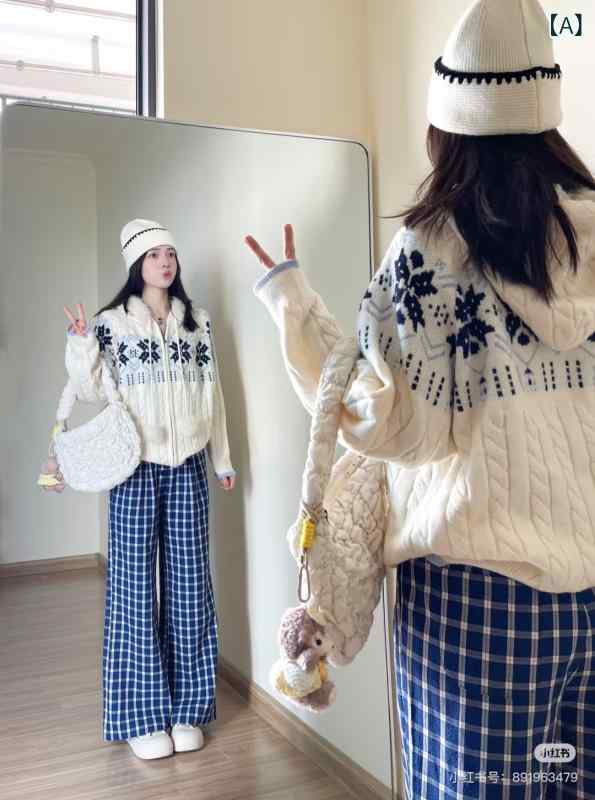 ジレー レディース 編み物 秋冬 冬 白いこと 白 雪柄 ボンネット付き添い人 朦朦たる ゆったり 長袖 心地好い 愛くるしげ