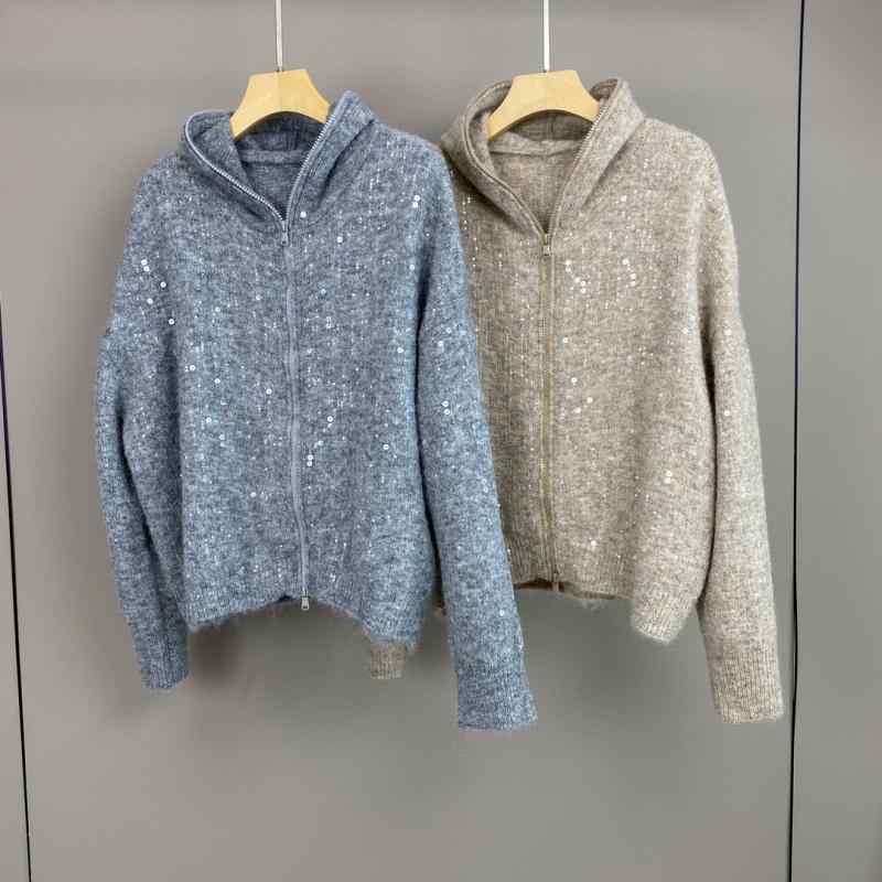 編み物 レディース ジレー 秋冬 連帽 ジップアップ トップス アウター 薄墨色 薄墨色 駱駝 無地 通い 好いたらしいめ 愛くるしい 今めかしい