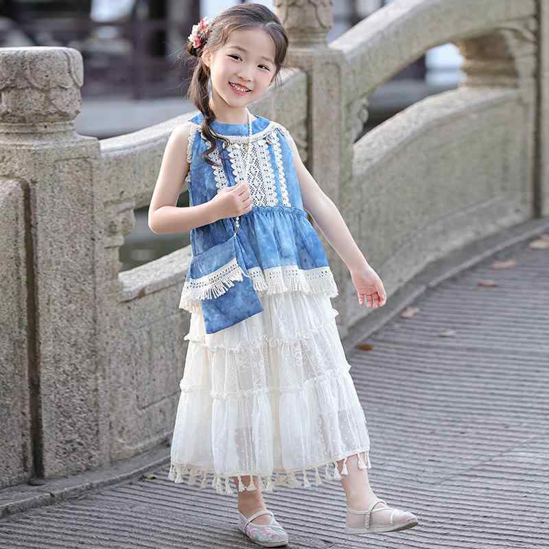 子供用セットアップ ノースリーブ ガールズ 上下セット スカート 夏 古風 漢服 ポリエステル