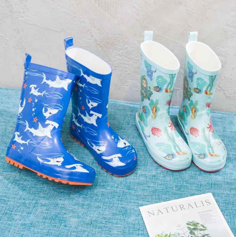 雨靴 キッズ 子供 学生 中筒 天然ゴム かわいい 人魚 サメ 柄 ブルー 春