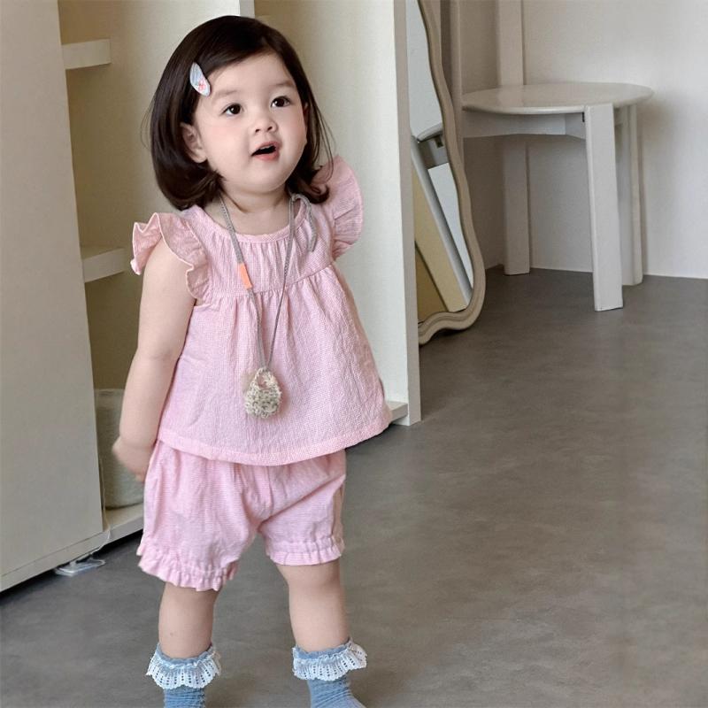 キッズ ベビー服 上下セット ノースリーブ 短パン 薄手 夏物 韓国風 子供服 女の子 フリル 花柄 かわいい ピンク系 73CM 80cm 90cm 100cm