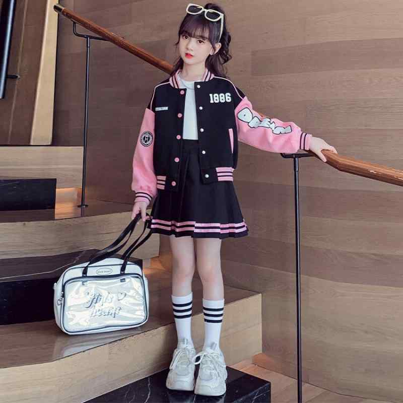 子供服 女の子 野球 ジャケット セットアップ スカート 春秋 スポーツウェア JK 制服風 アウター 2点セット ピンク系 ホワイト系