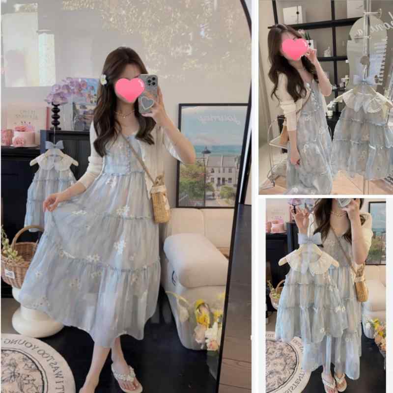 親子ペア ワンピース 子供服 花柄 刺・墸 提花 半袖 チュニック 膝丈 薄手 春夏 ブルー系 リゾート