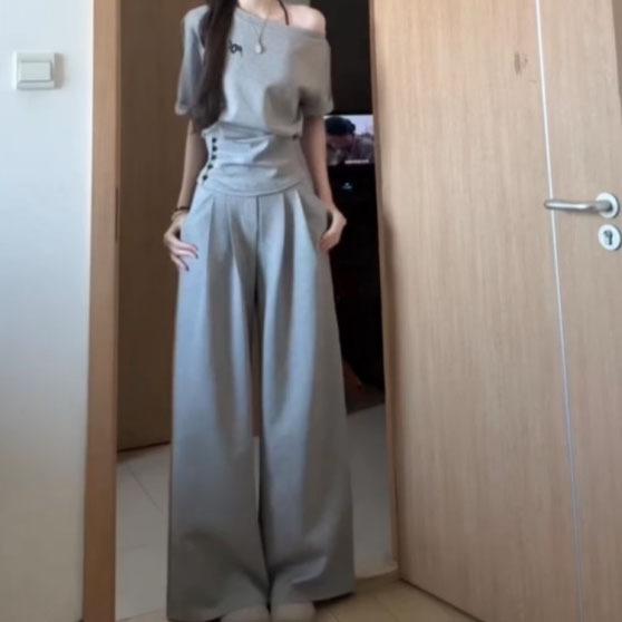 セットアップ レディース 韓国風 ルーズ カジュアル 長袖 トップス ワイドレッグパンツ 2点セット ポリエステル 無地 春 スタイル