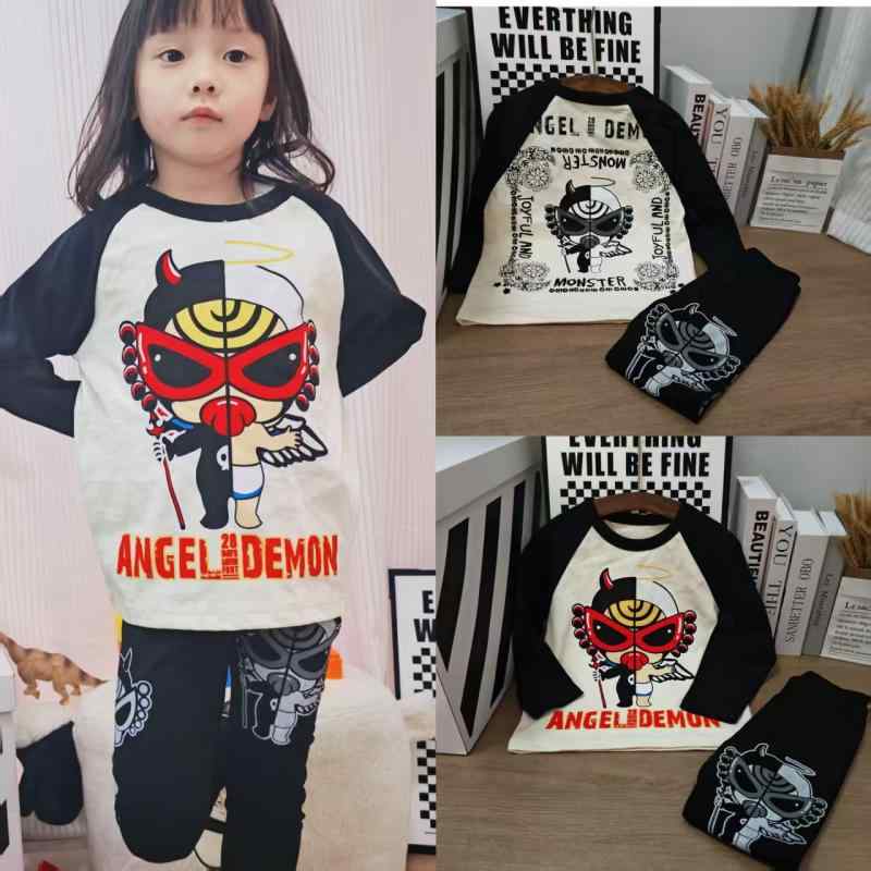 キッズ Tシャツ 長袖 黒白天使プリント 春秋 男女兼用 子供服 トップス カットソー スパッツ レギンス 90 100 110 120 130 140cm 綿100%