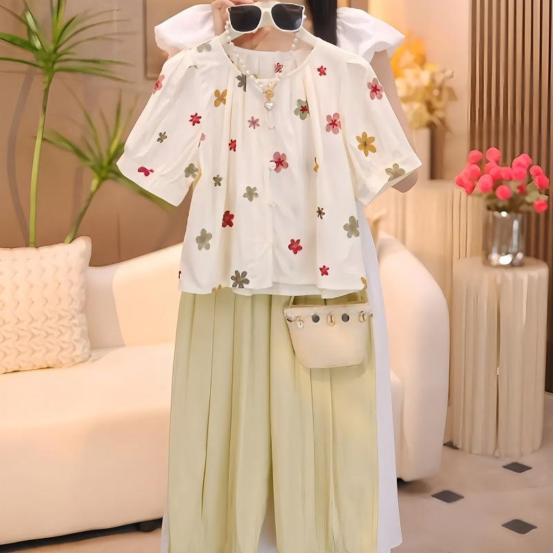 子供用パンツスーツ ガールズ 夏服 半袖トップス 9分丈パンツ セットアップ 刺繍 花柄 韓国風 ゆったり かわいい ミントグリーン 綿 薄手