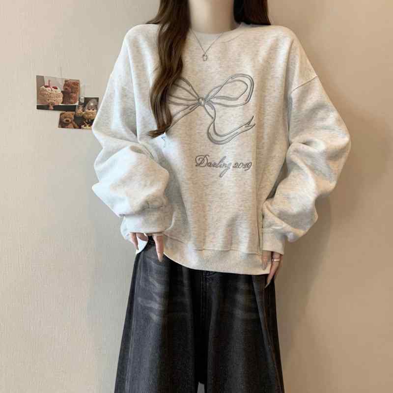 スウェット レディース 刺繍 蝶結び ゆったり 長袖 トップス トレーナー 白灰色 ダークブルー M L XL 2XLサイズ展開
