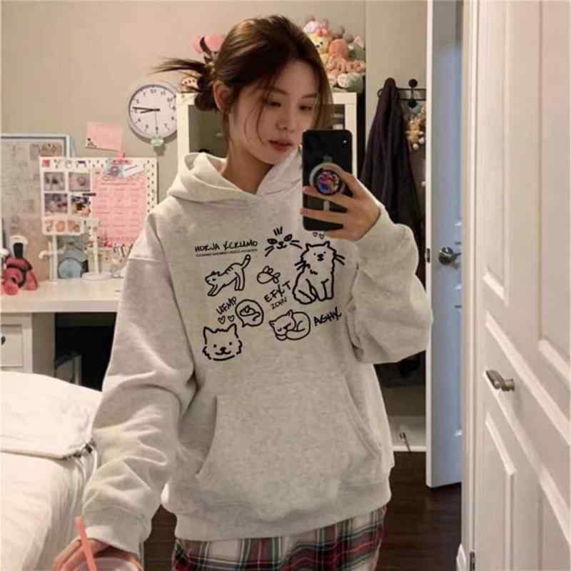 パーカー レディース 秋物 韓国風 ゆったり オーバーサイズ フード付き トップス アニメ柄 プリント グレー系 M L XL XXL