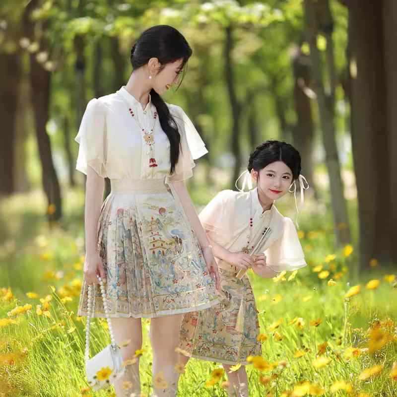 チャイナドレス 親子 ペアルック スカートセット 子供 女の子 唐装風 織柄 ポリエステル 花柄 薄手 春夏 120 130 140 150 160 S M L XL
