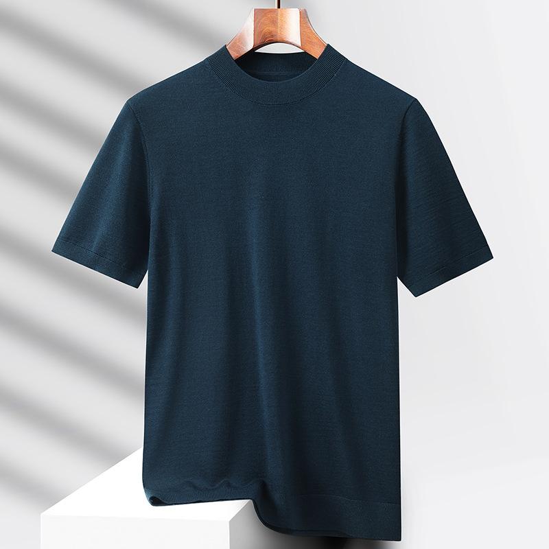 ニット メンズ 男性用 100%メリノウール 薄手 半袖 Tシャツ セーター トップス プルオーバー ハーフハイネック リブ裾 秋物 青 紺 茶色 黒