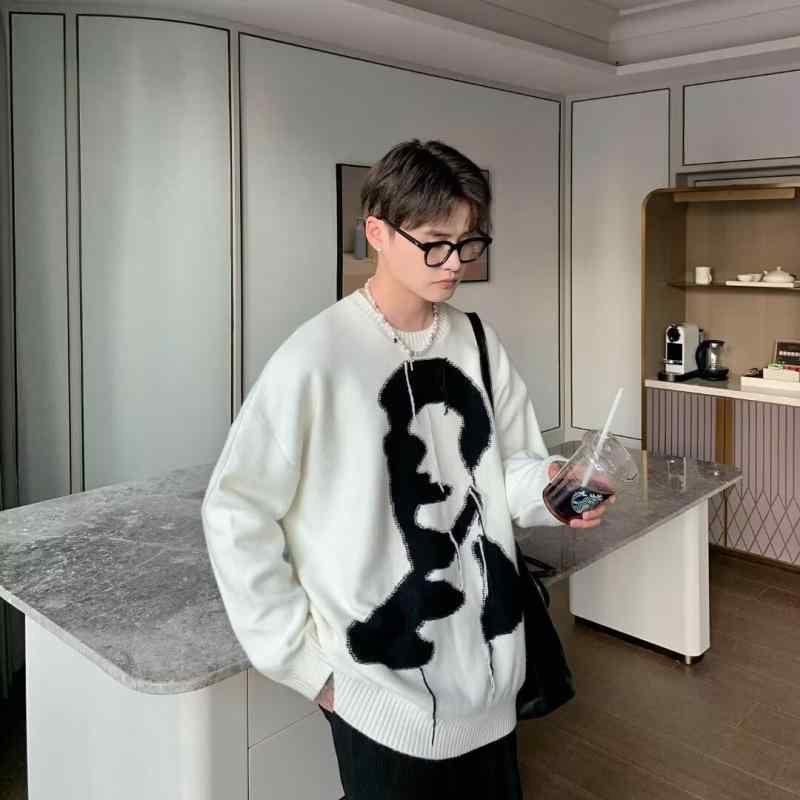 ニット メンズ ニットトップス 秋冬 厚手 韓国風 ゆったり 長袖 セーター ライン入り 普段使い デート ブラック ホワイト系