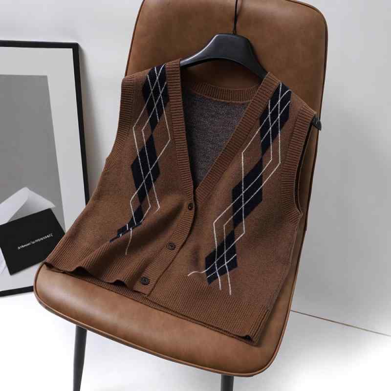 ニットベスト レディース 婦人服 Vネック 菱形 模様 ウール 100% 前開き ショート丈 トップス プルオーバー 韓国風 かわいい おしゃれ カフェ色