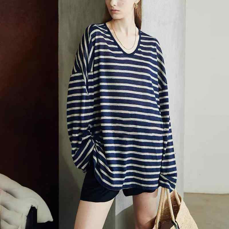 Tシャツ レディース 薄手 亜麻 リネン ニット ボーダー柄 ?松 長袖 冷房対策 日韓風 カットソー トップス 接触冷感 UVカット ブルー グレー ブラウン ネイビー アイボリー｜Tanzan