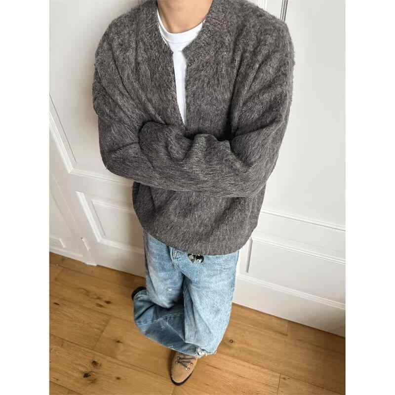 ニット メンズ Vネック セーター グレー系 コットン混紡 リラックスフィット プルオーバー トップス 長袖 無地 秋冬 デイリーユース