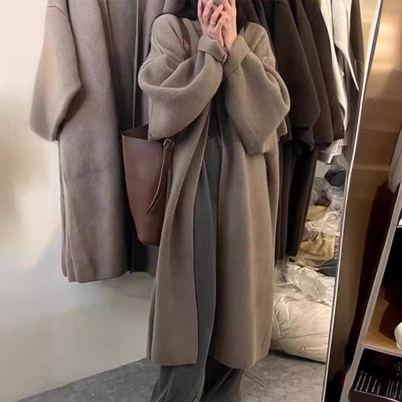 ニットカーディガン レディース 春秋 Vネック ロング丈 ゆったりめ 無地 柔らかい 肌触り 杏色 ピンク ブラック キャメル コーヒー グレー|Tanzan
