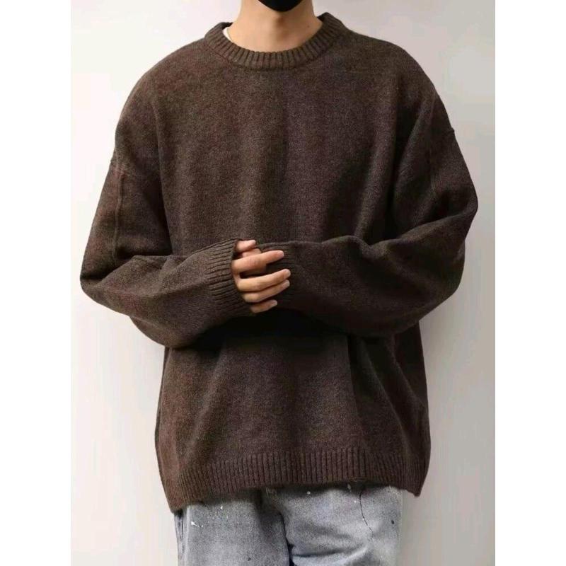 ニット メンズ 秋冬 レトロ 無地 クルーネック セーター ゆったり 厚手 長袖 トップス 黒 グレー ブラウン 普段使い