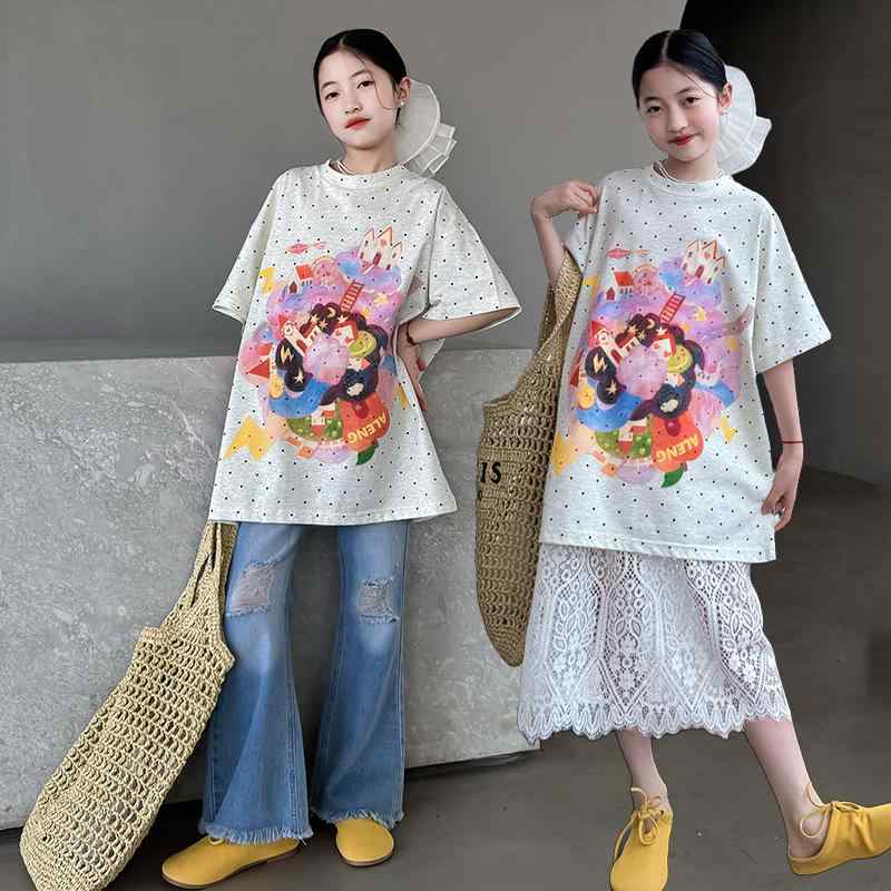 Tシャツ キッズ 女の子 子供服 ドット柄 プリント 半袖 コットン 吸湿速乾 グレー 120cm 130cm 140cm 150cm 160cm 170cm 180cm