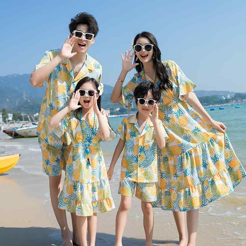 親子服 レディース ワンピース メンズ パンツ セットアップ リゾート ビーチ 海 花柄 接触冷感 ポリエステル