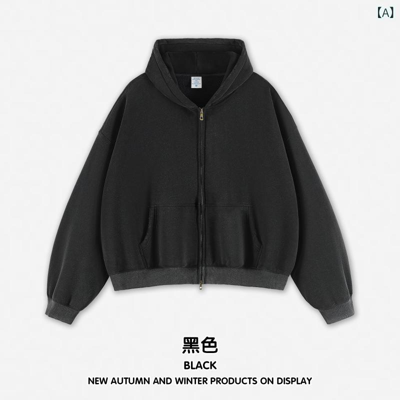 メンズ パーカー 水洗い加工 厚手 ジップアップ 杢調 無地 ポリエステル 秋冬 黒 ブラック グレー 赤 レッド ストリート アメカジ