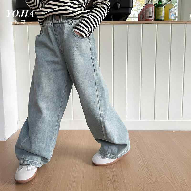 子供服 デニムパンツ ガールズ ストレートパンツ 高学年 普段着 ロングパンツ 伸縮性 ウエストゴム ブルー 110cm 120cm 130cm 140cm 150cm 160cm 170cm