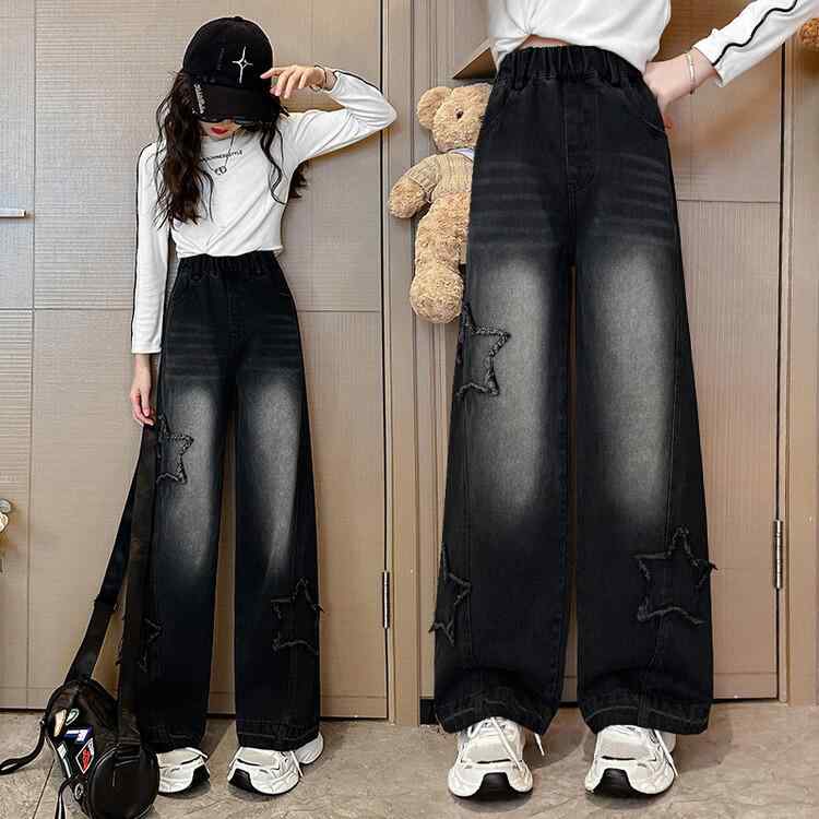 子供服 デニムパンツ ガールズ ブラック ワイドレッグパンツ 春秋 ロングパンツ 女児 女の子 ジュニア 中学生 8歳以上 コットン 120cm 130cm 140cm 150cm 160cm 170cm 普段着 通学着 かわいい