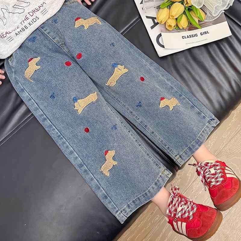 子供服 ジーンズ ワイドレッグパンツ 春秋 女の子 デニムパンツ 刺繍 刺しゅう C類 中小サイズ ウエストゴム コットン 80cm 90cm 100cm 110cm 120cm 130cm 140cm
