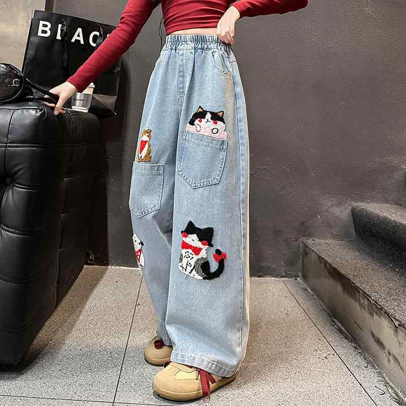 子供服 ジーンズ 女の子 ワイドレッグパンツ 春秋 デニム 中 крупный 子供用 ガールズ ロングパンツ 女児 ストレートパンツ 猫柄 コットン 伸縮性 ウエストゴム 普段使い