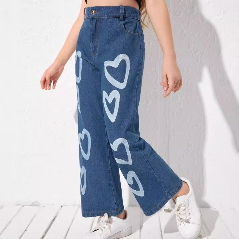デニムパンツ ガールズ 女の子 ワイドレッグパンツ ゆったり ハイウエスト 120cm 130cm 140cm 150cm 160cm 綿 高温定型 ヨーロッパ 南米 伸縮性
