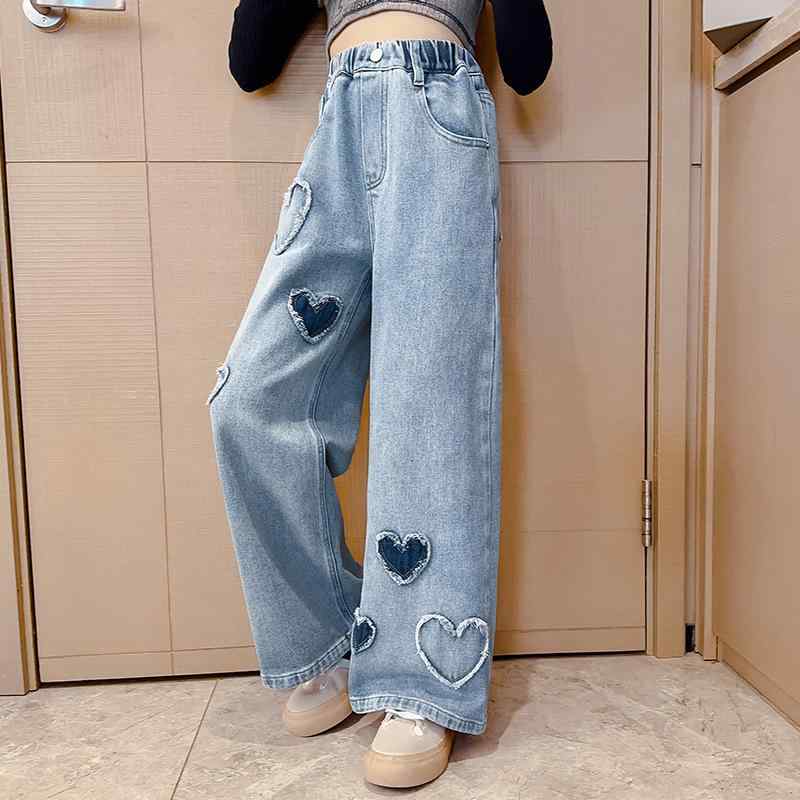 子供服 デニムパンツ ガールズ ワイドレッグパンツ ロングパンツ 春秋 中 крупный 子供 B? 伸縮性 ウエストゴム 普段使い 通学 120cm 130cm 140cm 150cm 160cm 170cm
