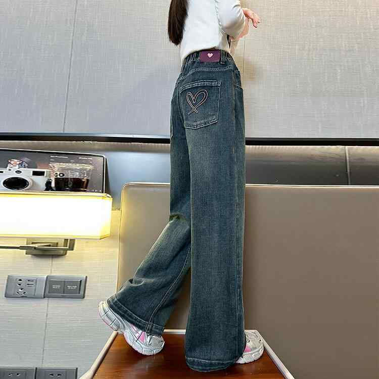 子供服 デニムパンツ ガールズ ワイドレッグパンツ ストレートパンツ ロングパンツ 春秋 中大童 女の子 女児 コットン 伸縮性 ウエストゴム 普段着 通学着