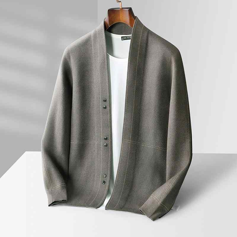 ニットカーディガン メンズ Vネック 紳士服 長袖 トップス 春秋 ポリエステル 提花 ゆったり 通勤 カジュアル 香仕棕 雅典藍 ブラック