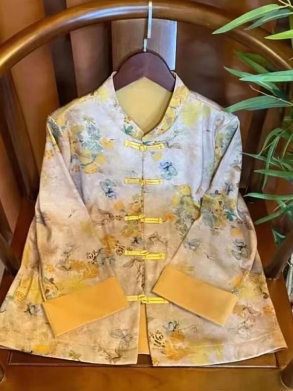 ジャケット レディース 春夏 薄手 チャイナ風 天? 提花 サテン ゆったり 立襟 トップス エレガント レトロ イエロー パープル