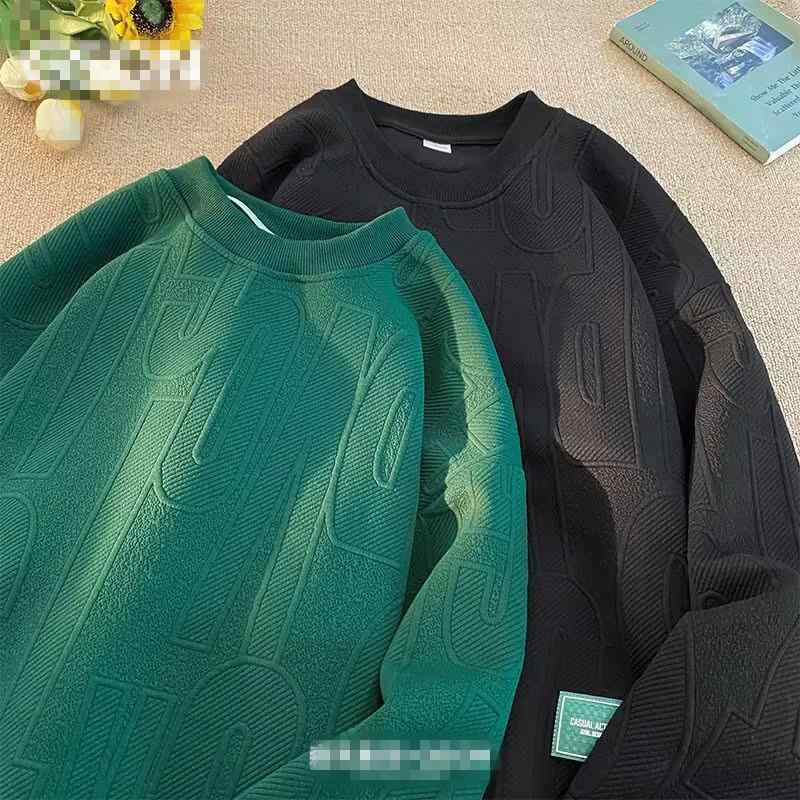スウェット メンズ 秋冬物 プルオーバー ゆったりめ ポリエステル ジャカード編み 長袖 Tシャツ トップス 裏起毛 白 黒 カーキ 緑