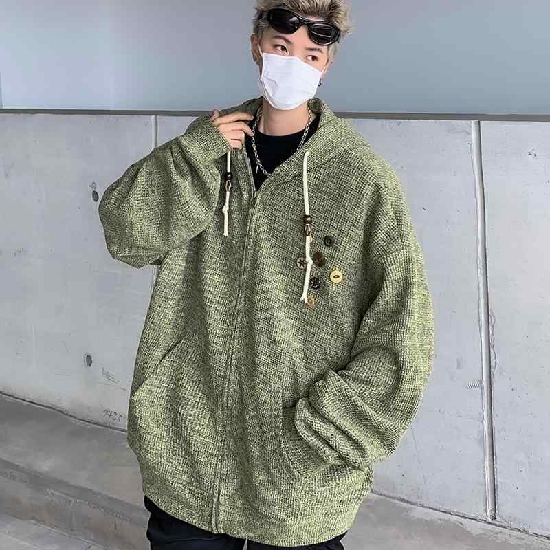 ニット パーカー メンズ レディース レトロ デザイン 長袖 カーディガン 春秋 ストリート 普段使い 部屋着 グレー グリーン