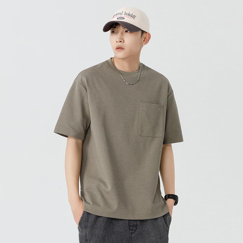 Tシャツ メンズ 半袖 コットン ポケット付き 無地 クルーネック ドロップショルダー カットソー トップス 普段使い ルームウェア 部屋着 ブラック ホワイト 灰緑 M L XL 2XL 3XL