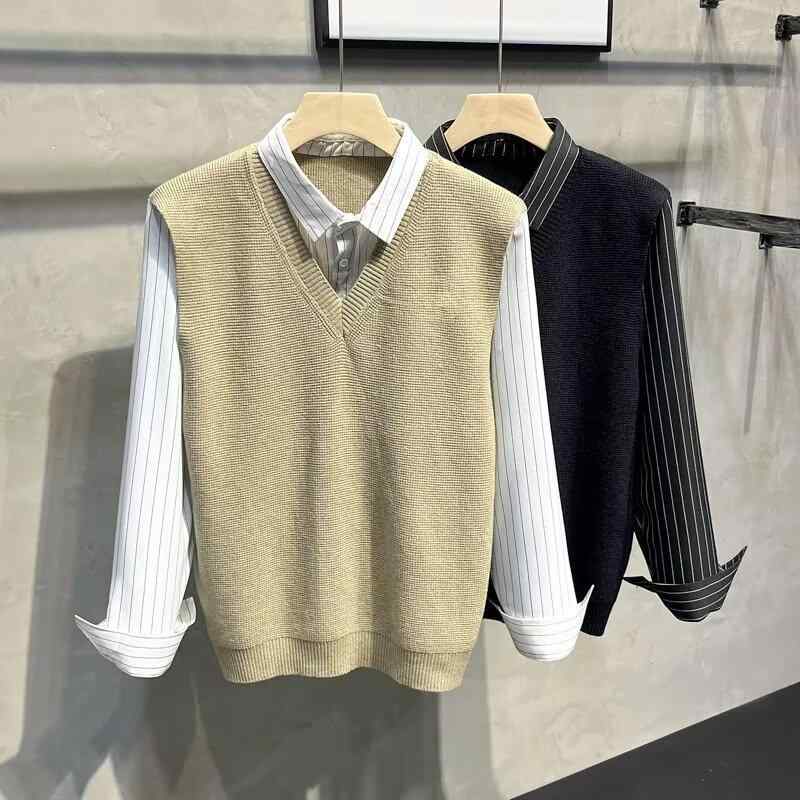 シャツ メンズ フェイクレイヤード ストライプ 切り替え 長袖 プルオーバー トップス 春秋 韓国風 ポリエステル ブラック アプリコット
