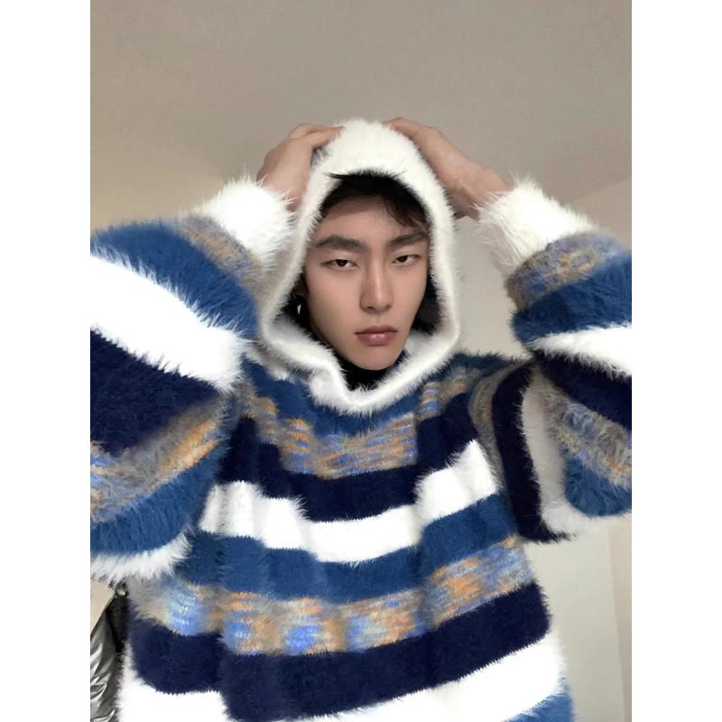 ニット メンズ ストライプ柄 フード付き プルオーバー セーター ゆったり 普段使い 韓国風 ポリエステル 秋冬