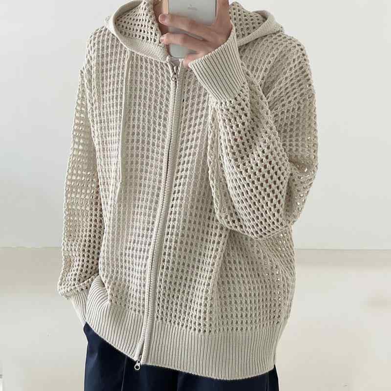 ニット カーディガン メンズ 長袖 薄手 春秋 トップス パーカー 接触冷感 冷房対策 普段使い 韓国風 黒 ブラック系