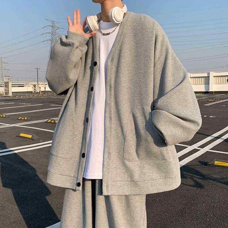 カーディガン メンズ Vネック ニット ワッフル 長袖 ライトアウター 春秋 薄手 無地 カジュアル 韓国風 トップス カットソー 羽織り