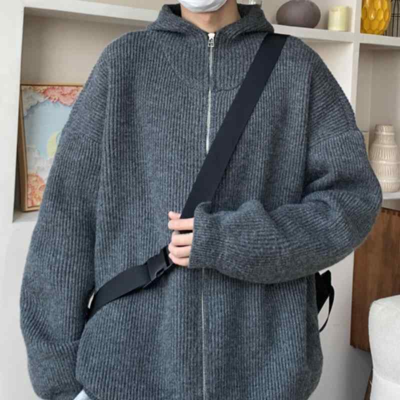 ニット カーディガン メンズ 秋冬 アメリカン レトロ ジップアップ パーカー ゆったり 学生 長袖 トップス 灰色