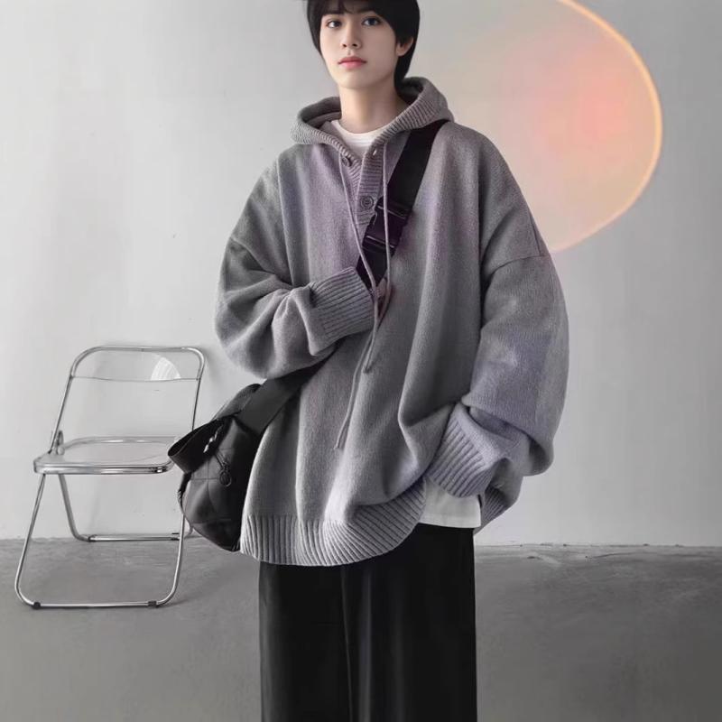 ニット メンズ 秋冬 フード付き プルオーバー セーター ゆったり 厚手 無地 リブ袖 カジュアル 部屋着 トップス 黒 グレー