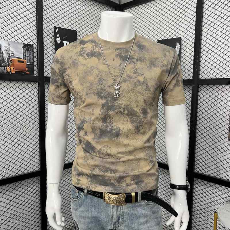 Tシャツ メンズ 半袖 トップス ラウンドネック コットン 絞り染め プリント柄 ゆったりシルエット 普段使い デイリーウェア ブラック パープル カーキ アプリコット