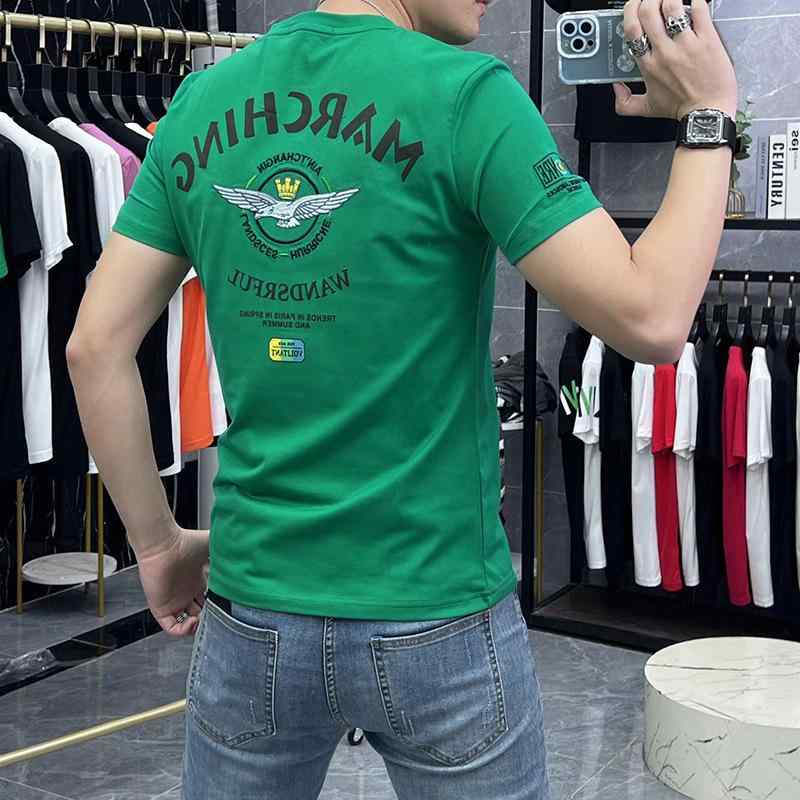 Tシャツ メンズ 半袖 刺繍 クルーネック トップス スリム 綿 春夏 普段使い おしゃれ 部屋着 白 黒 緑